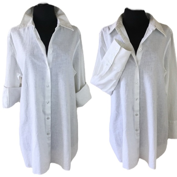 Pure Amici Classic White Linen Long Tunic Button Up Shirt Rounded Hem Sz S - Picture 16 of 16